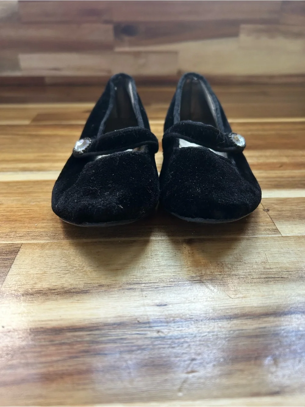 George Black Velvet Mary Jane Shoes with Gem Accent